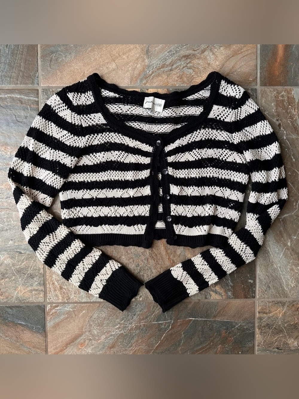 Freshman 1996 Crochet Knit Cardigan Size Medium Black and Cream Striped